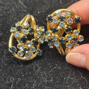 Vintage Gold and Blue Crystal floral clip Earrings
